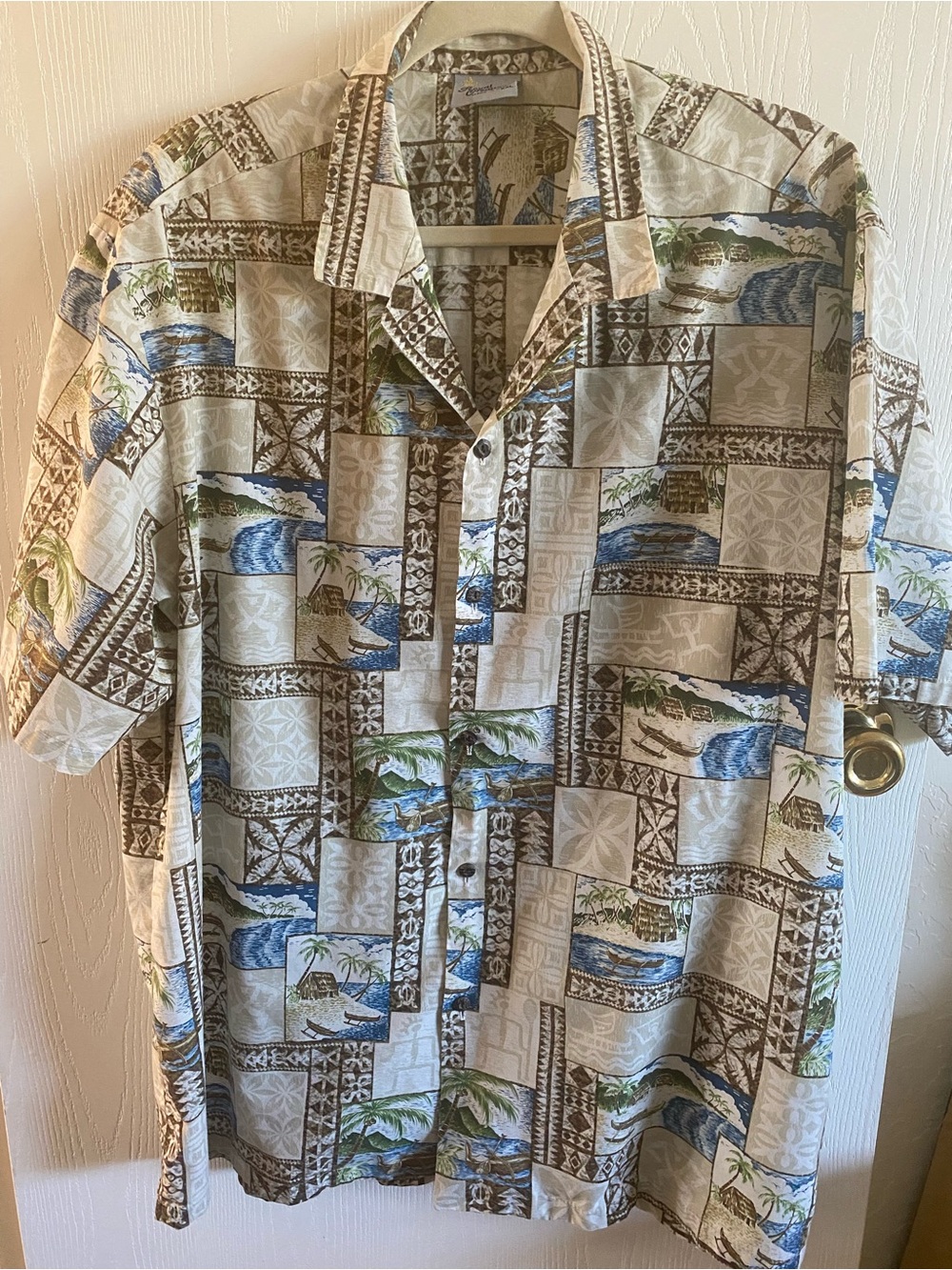 Men's Hawaiian Print Button-Up Shirt - Beige Blue Green size XXL